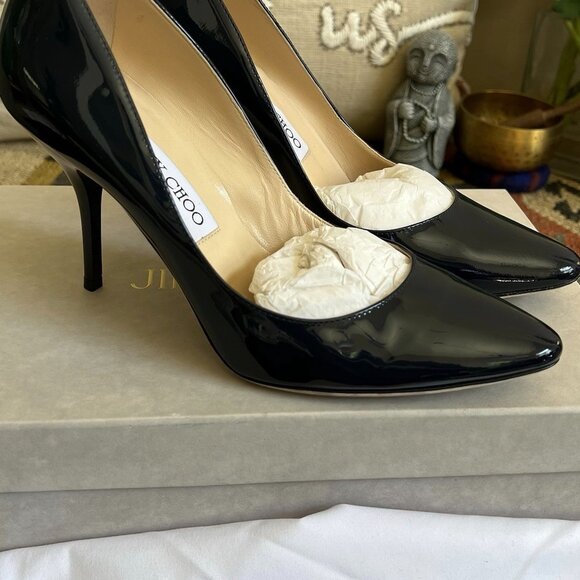 Jimmy Choo MEI Navy Patent Leather Almond Toe Pump Heels - Picture 2 of 15